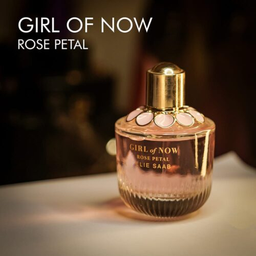 A 100ml bottle of Elie Saab Girl of Now Rose Petal Eau de Parfum with a pink and gold design on a white table