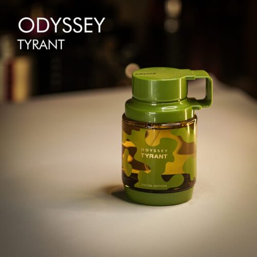 A 100ml bottle of Armaf Odyssey Tyrant Special Edition Eau de Parfum with green and yellow design on a white table