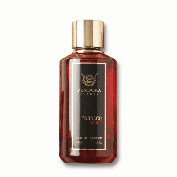 Luxurious Tobacco Rouge perfume by PENDORA SCENTS in a sleek red bottle, perfect for elegant fragrance lovers.