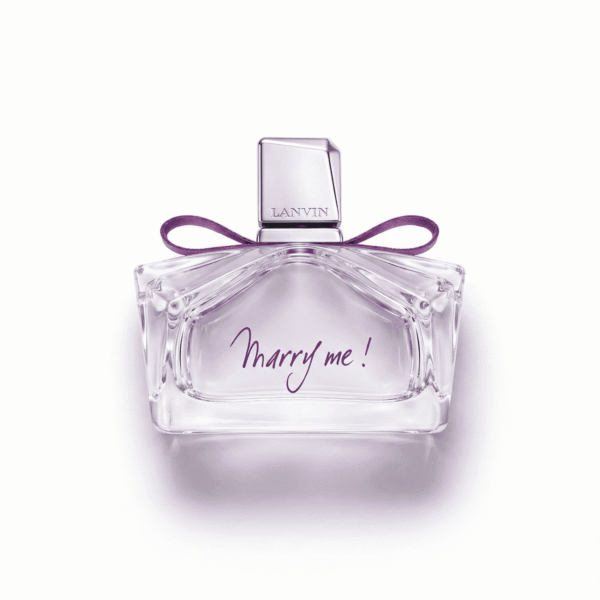 Enchanting perfume bottle with "Marry me!" message and purple ribbon for romantic gifting.