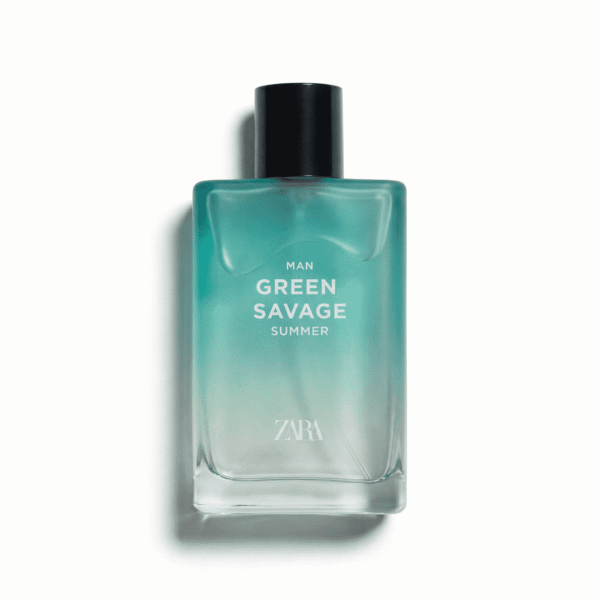Fresh green men's summer scent in Zara Green Savage perfume bottle.