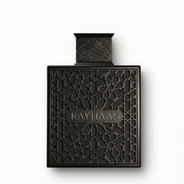 Elegant black perfume bottle with intricate geometric lattice design, featuring the brand name Rayhaan.