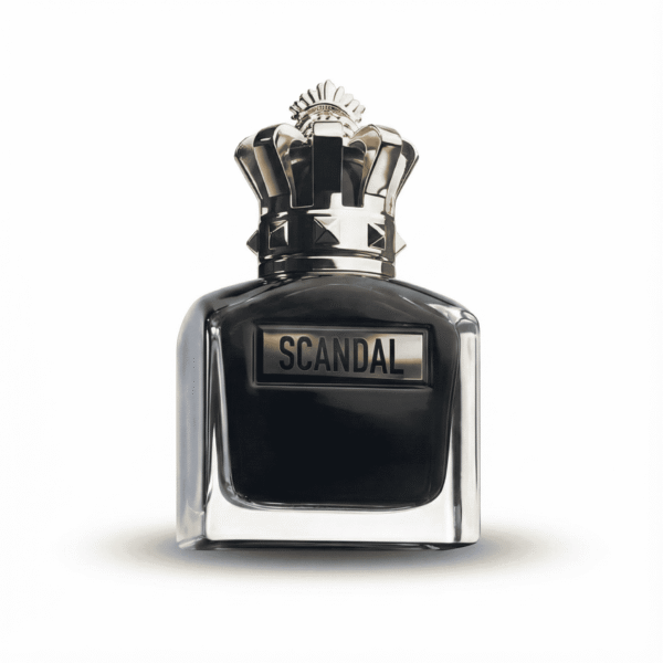 Bold black perfume bottle labeled "SCANDAL" with a decorative crown cap, representing luxury fragrances.