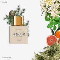 A 100ml bottle of Nishane Hacivat Extrait de Parfum with a sleek white and gold design