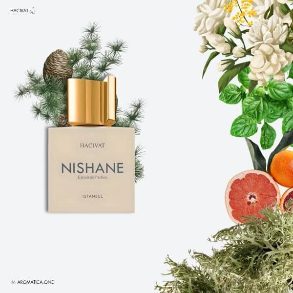 A 100ml bottle of Nishane Hacivat Extrait de Parfum with a sleek white and gold design
