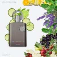 A 100ml bottle of Afnan Supremacy Not Only Intense Extrait de Parfum with a brown and silver design and a round shape