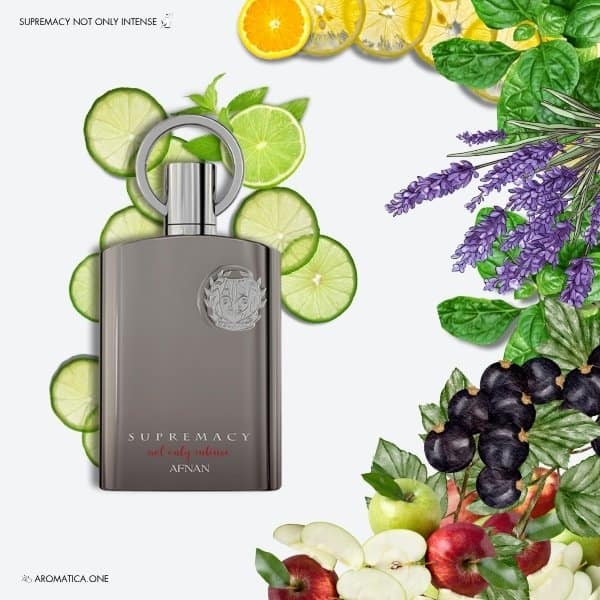 A 100ml bottle of Afnan Supremacy Not Only Intense Extrait de Parfum with a brown and silver design and a round shape