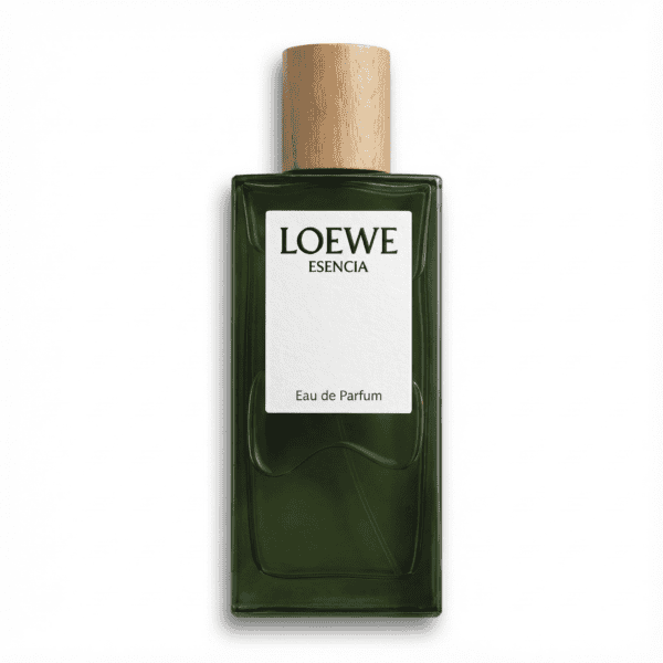 b20e6dcc-28b6-4d42-8ef3-dde2ebb40372 Luxurious LOEWE Esencia Eau de Parfum in elegant green bottle with wooden cap, a premium fragrance for women.