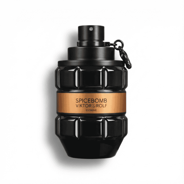 Bold black spice bomb perfume bottle with a rugged grenade shape and gold label for Viktor & Rolf.