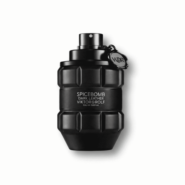 Black grenade-shaped perfume bottle with Viktor & Rolf Spicebomb Dark Leather branding.