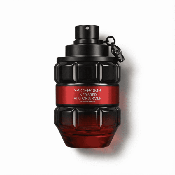 Dark red perfume bottle inspired by a hand grenade, featuring bold black cap and sleek design.