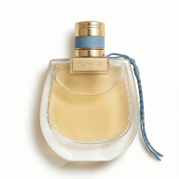 Luxurious perfume bottle with gold accents and blue ribbon, elegant and stylish design.