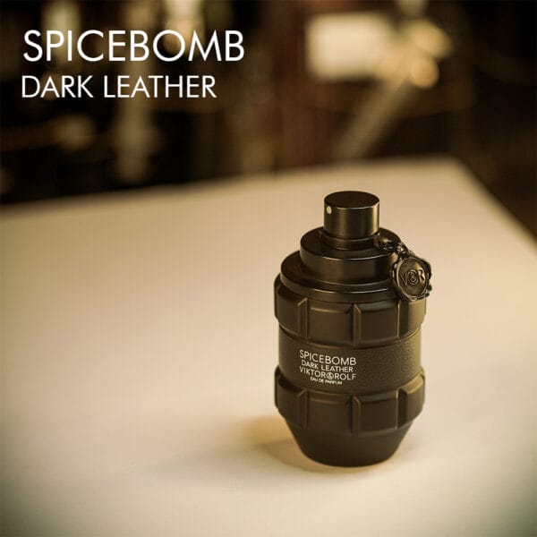 A 90ml bottle of Viktor&Rolf Spicebomb Dark Leather Eau de Parfum with a rugged black design on a white table