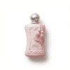 Delina Exclusive luxury perfume bottle with pink ornate design and silver cap.