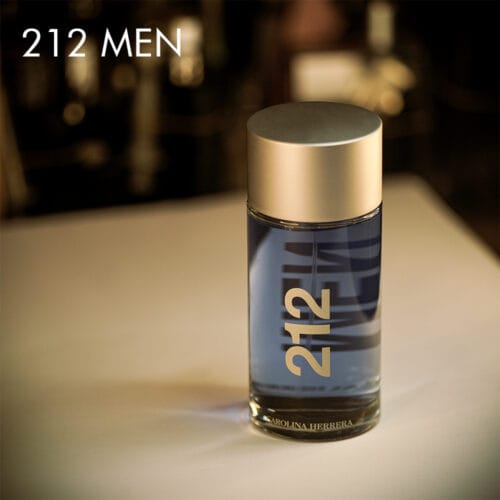 A 100ml bottle of Carolina Herrera 212 Men NYC Eau de Toilette with blue and silver design on a white table