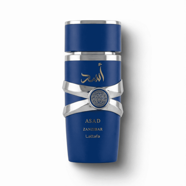 Luxurious blue bottle of Asad Zanzibar Attar with elegant silver accents and Arabic calligraphy.