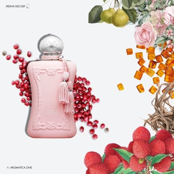 A 75ml bottle of Parfums de Marly Delina Exclusif Eau de Parfum with a pink glass body, gold detailing, and a chrome cap
