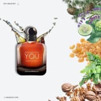 A 100ml bottle of Giorgio Armani Stronger With You Tobacco Eau de Parfum with a rich amber design with golden label.