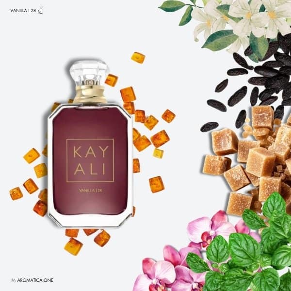 A 50ml bottle of Kayali Vanilla | 28 Eau de Parfum with a diamond-shaped cap and amber-colored liquid with white label