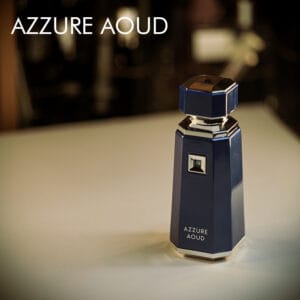 A 100ml bottle of French Avenue Azzure Aoud Eau de Parfum with a luxurious blue and silver design on a white table