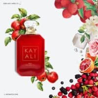 A 100ml bottle of Kayali Eden Juicy Apple | 01 Eau de Parfum with a red glass body, gold label, and a clear cap
