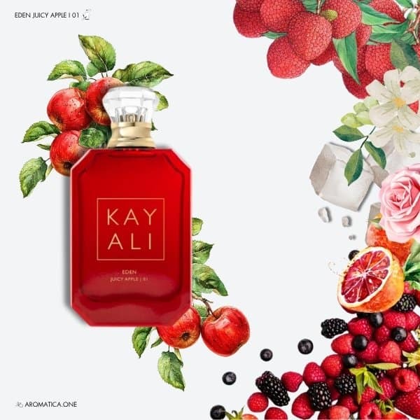 A 100ml bottle of Kayali Eden Juicy Apple | 01 Eau de Parfum with a red glass body, gold label, and a clear cap