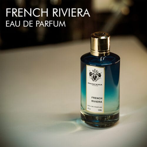 A 120ml bottle of Mancera French Riviera Eau de Parfum with a fresh blue and white design on a white table