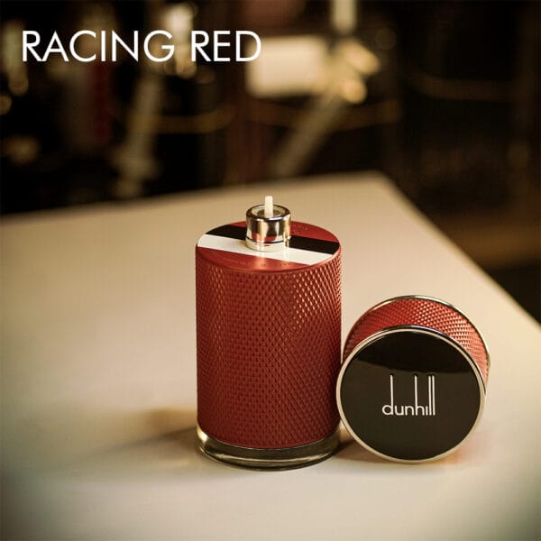 A 100ml bottle of Dunhill icon racing red perfume bottle with a reflective white label on black cap