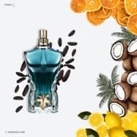 A 75ml bottle of Jean Paul Gaultier Le Beau Eau de Toilette, shaped like a male torso with a gold-tone collar, green liquid.