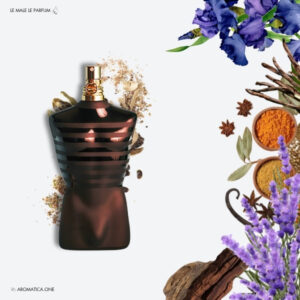 A 100ml bottle of Jean Paul Gaultier Le Male Le Parfum with a black torso-shaped design on a white bottle