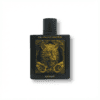 Luxurious black perfume bottle with gold lion design, premium fragrance by Rayhaan.