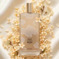 Aromatherapy perfume bottle surrounded by delicate white flowers, emphasizing elegance and floral scents.