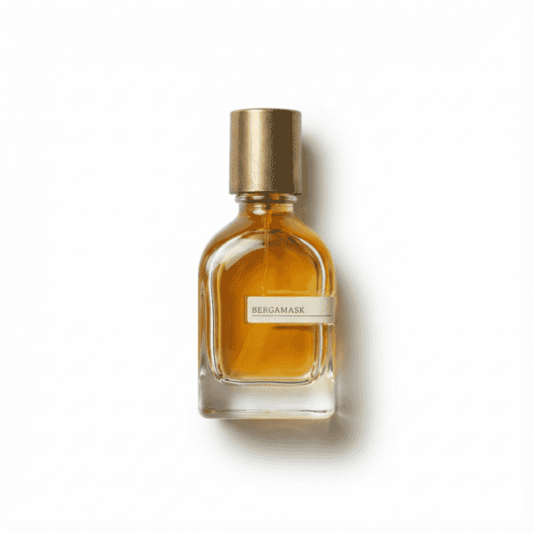 Elegant bergamask essential oil in a clear glass bottle with a gold cap, ideal for aromatherapy and wellness.