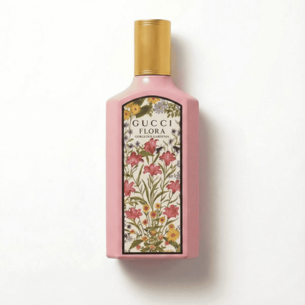 Soft pink Gucci Flora decorative bottle with floral design, luxurious scent for women.