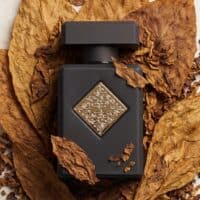 14 Luxury black perfume bottle with ornate gold design on dry autumn leaves.
