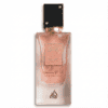 Elegant pink perfume bottle with Arabic calligraphy and rose gold accents for luxury fragrance lovers.