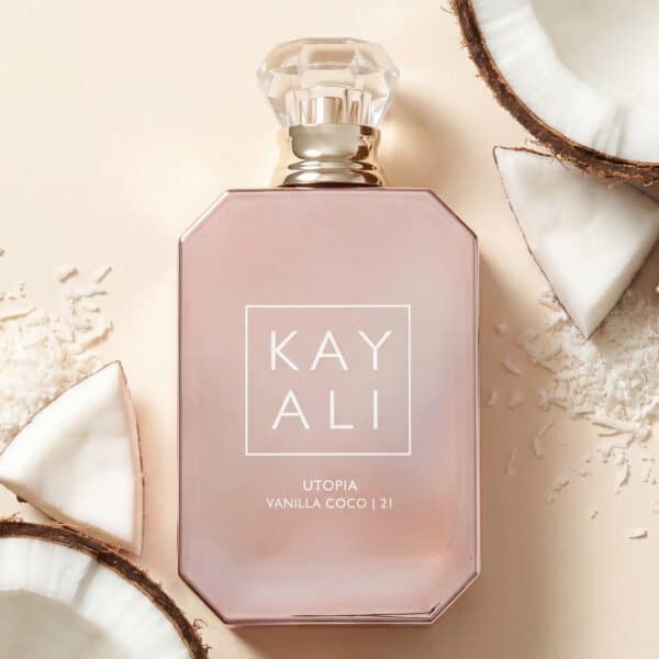 Elegant vanilla coconut perfume bottle with floral and coconut accents, perfect for luxury fragrance enthusiasts.